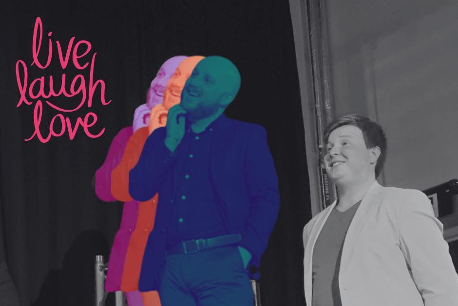 PopRox promo image, with 'live laugh love' text on left. Two white men in suit jackets smiling at the audience.