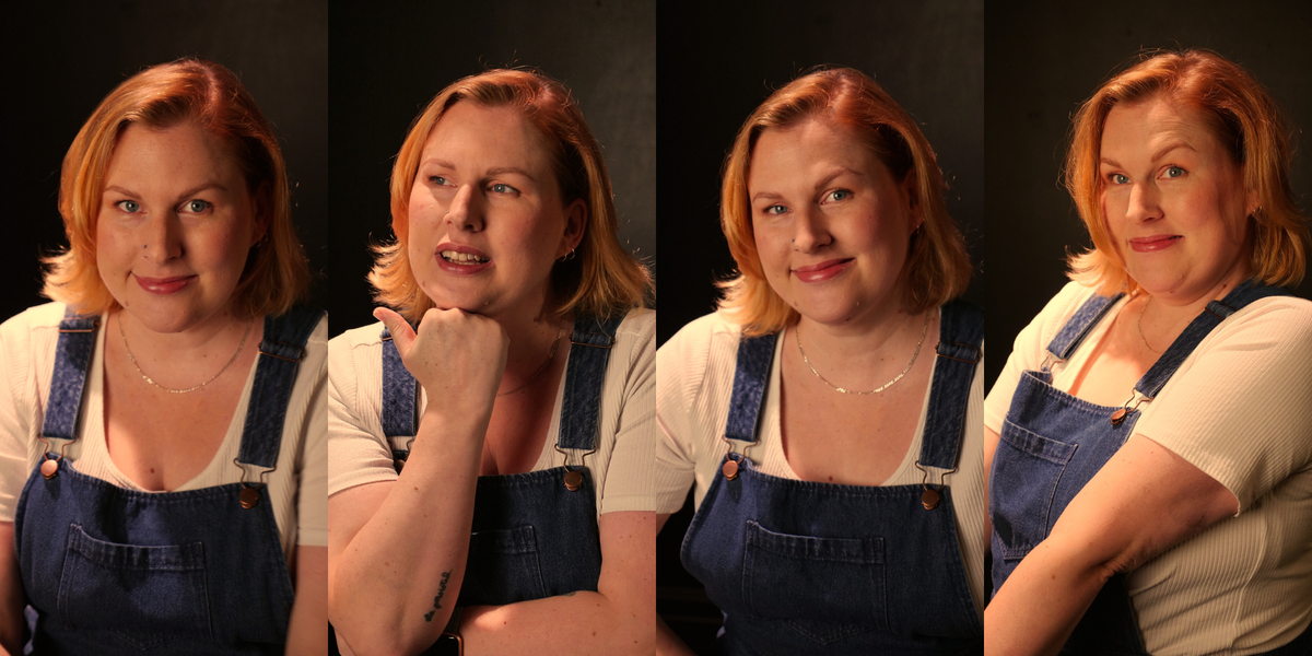 Four collaged pics of Jen wearing a white t-shirt and black overalls, posing for headshots. She is a smiling pākehā woman with shoulder length dark blonde hair.